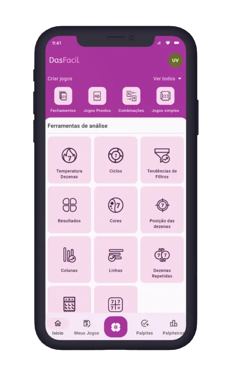 Menu do aplicativo dasloto.